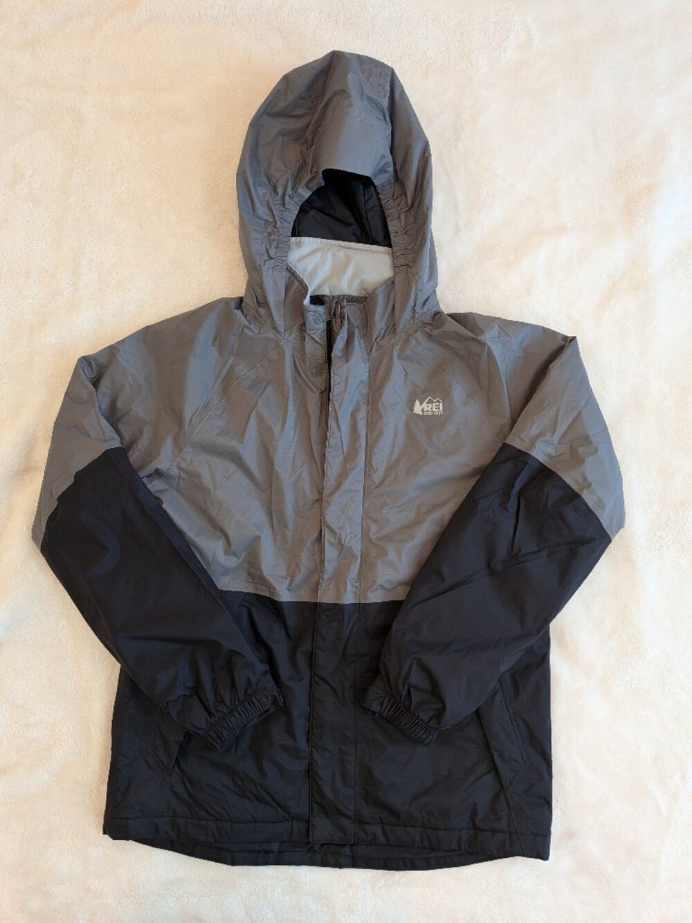 REI Co-Op Boys Rainwall Waterproof Rain Jacket Gray Black Size L (14-16)